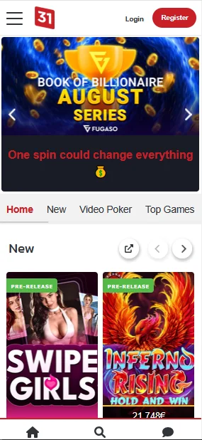Page d'accueil mobile du casino Lucky31
